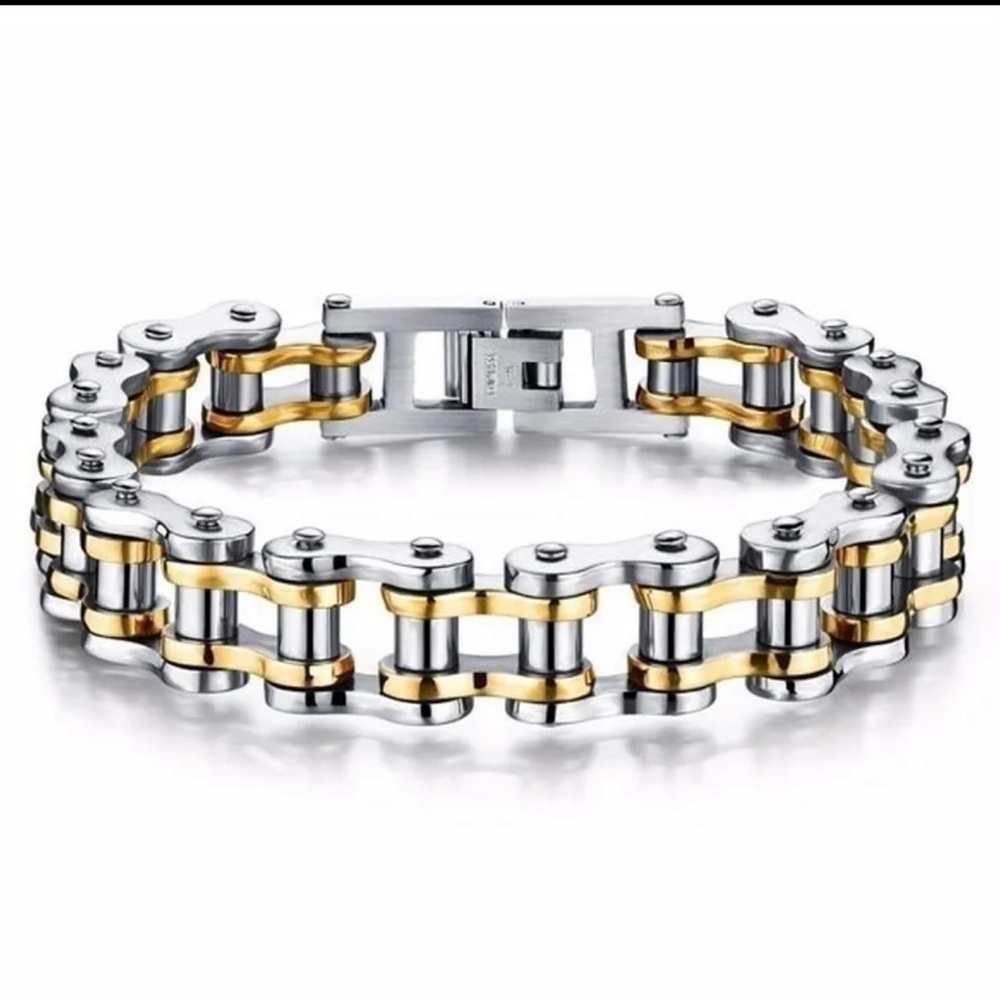 Men’s 18K Gold & White Gold Two Tone Motorcycle Biker Bike Link Bracelet
